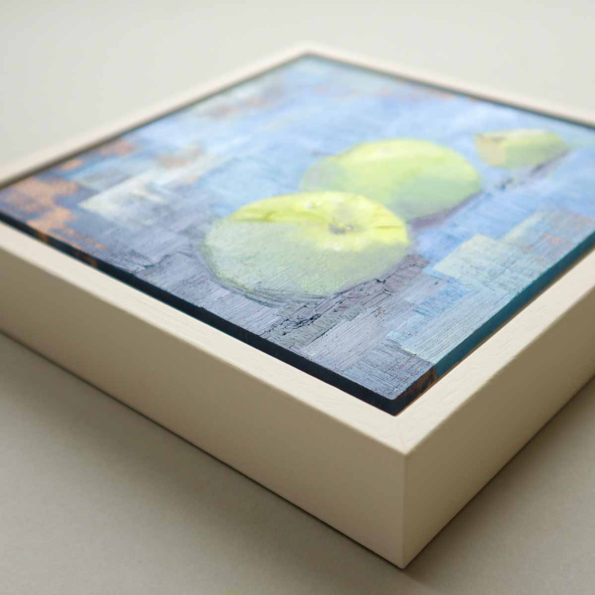 Side view of apple painting showing tray frame depth and quality finish