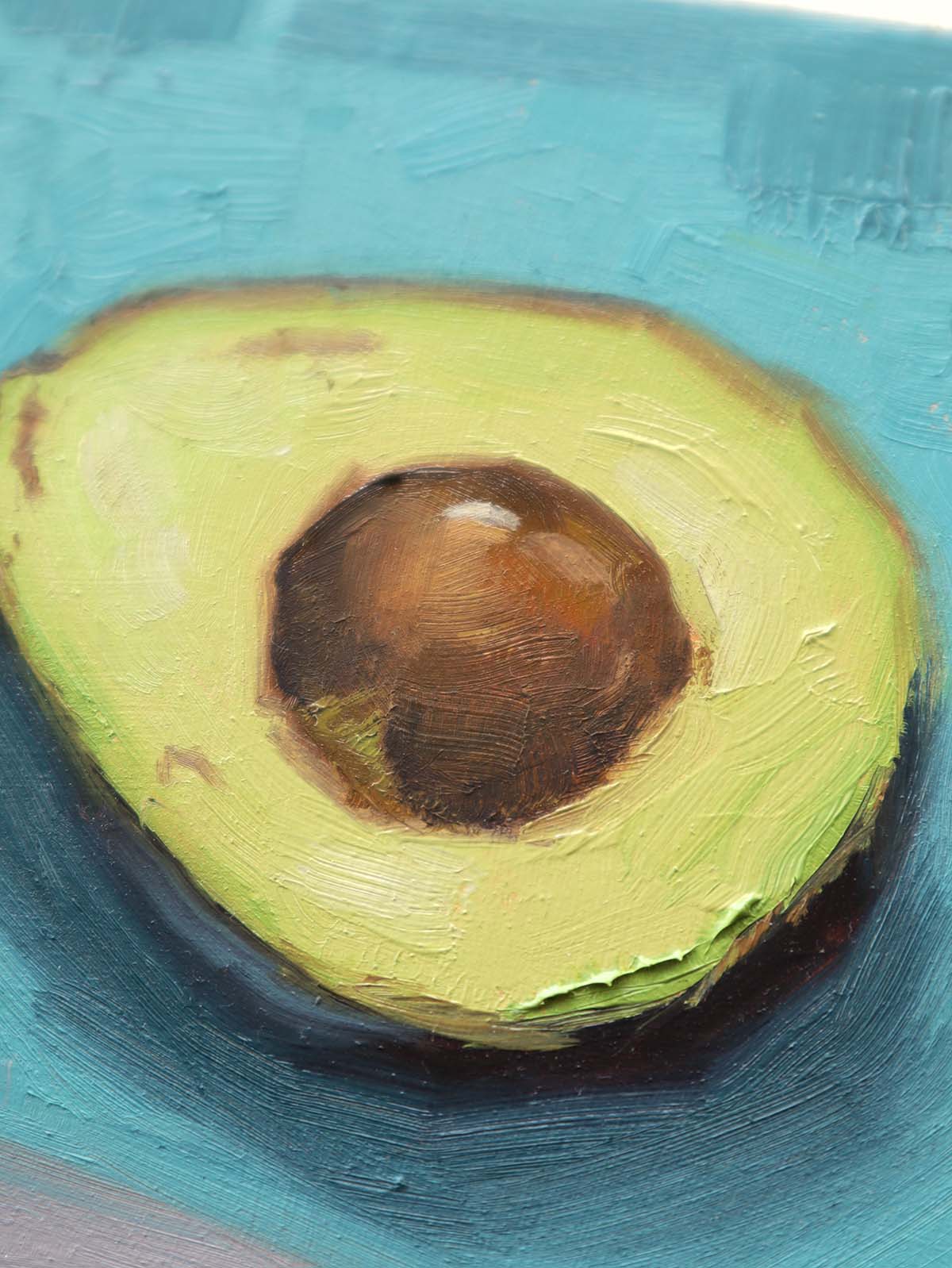 Green avocado still life oil painting close up with brush marks