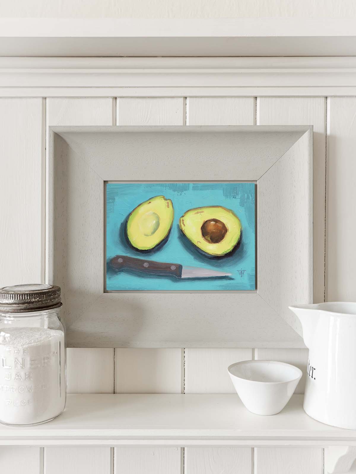Green avocados on turquoise blue background, small oil painting, perfect kitchen wall art.