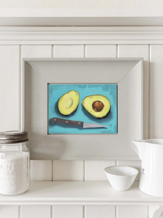 Green avocados on turquoise blue background, small oil painting, perfect kitchen wall art.