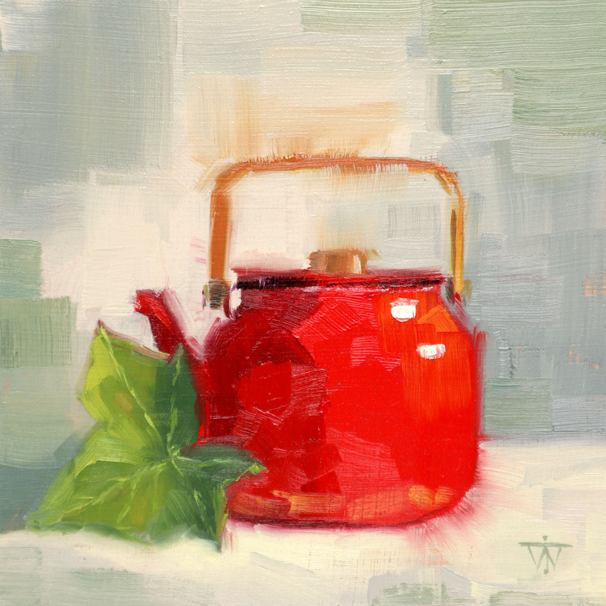 Red enamel teapot with green ivy oil painting on on grey cream background
