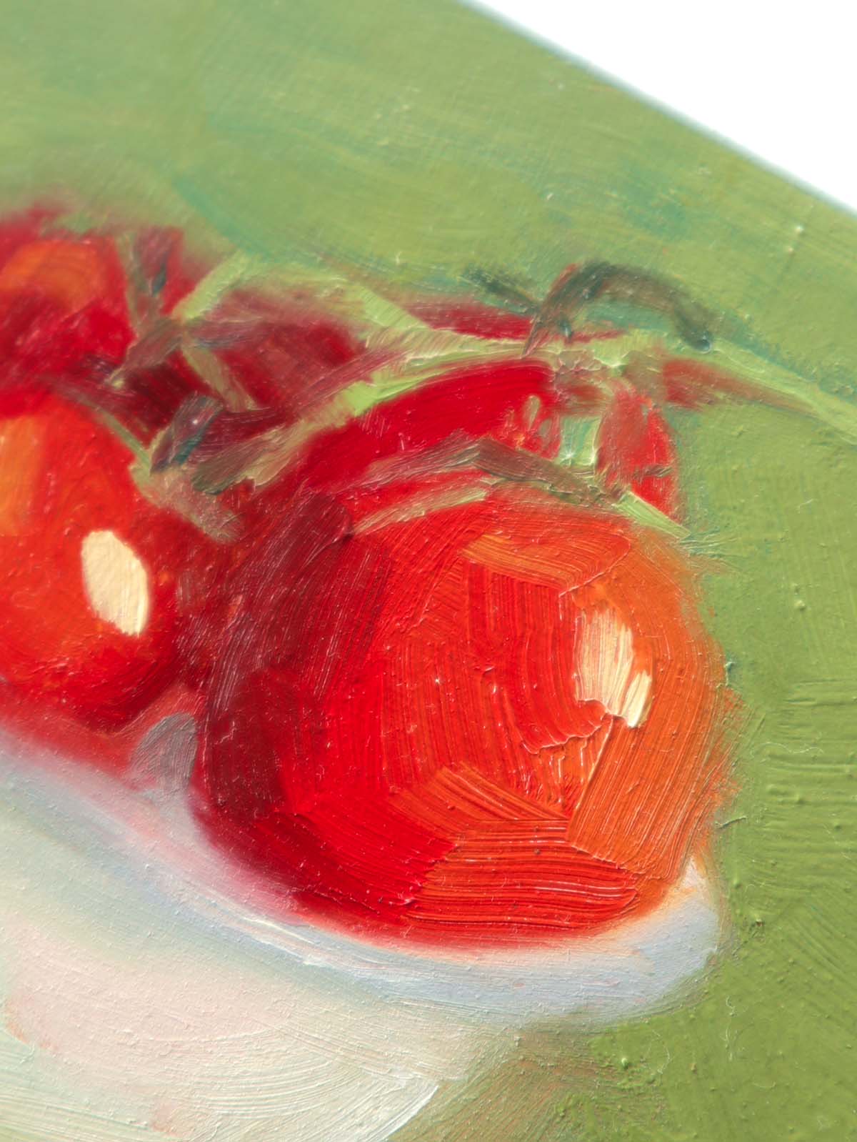 Close up showing brush strokes of tomatoes.