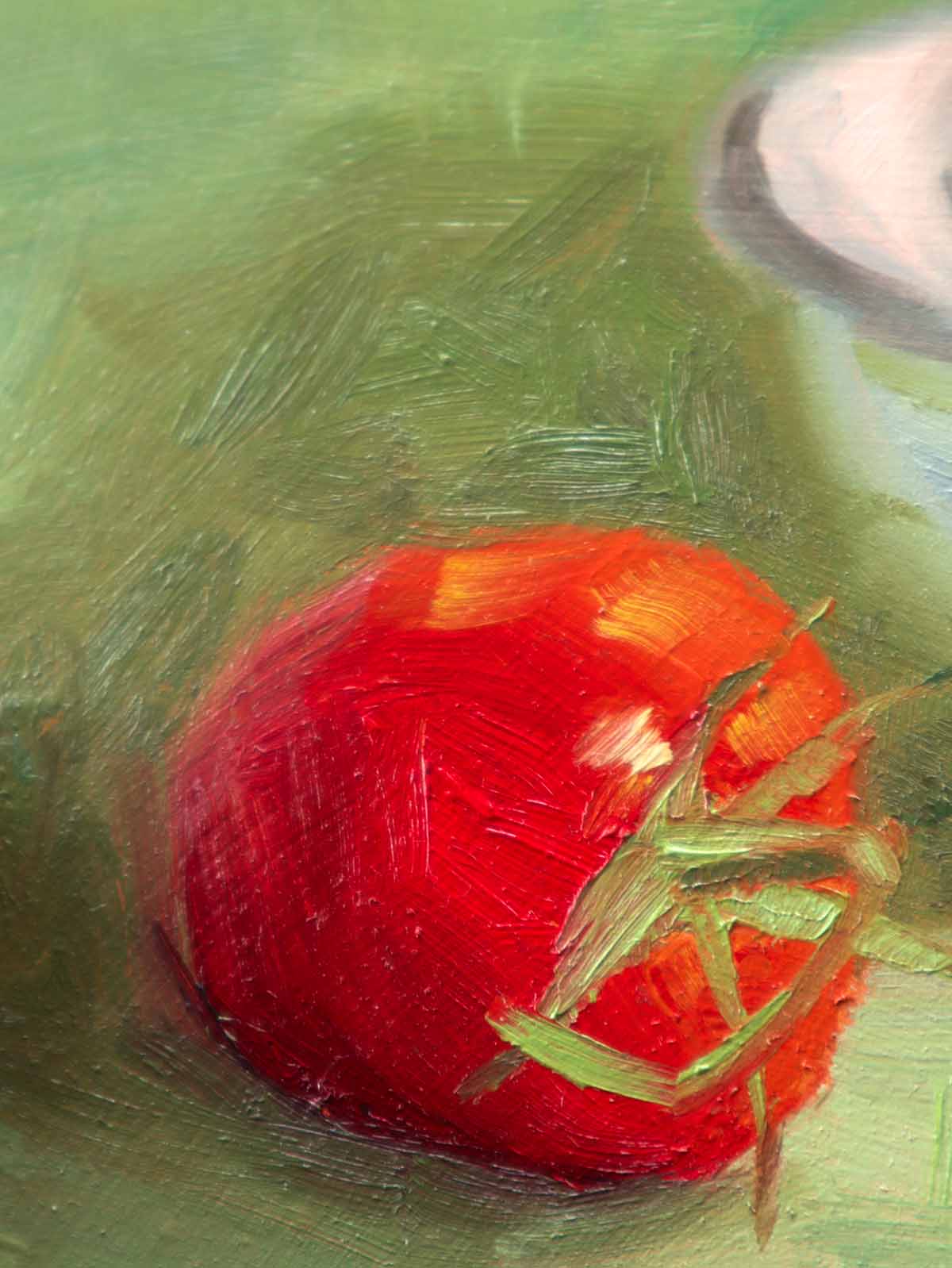 Close-up of tomato oil painting showing loose brush strokes.