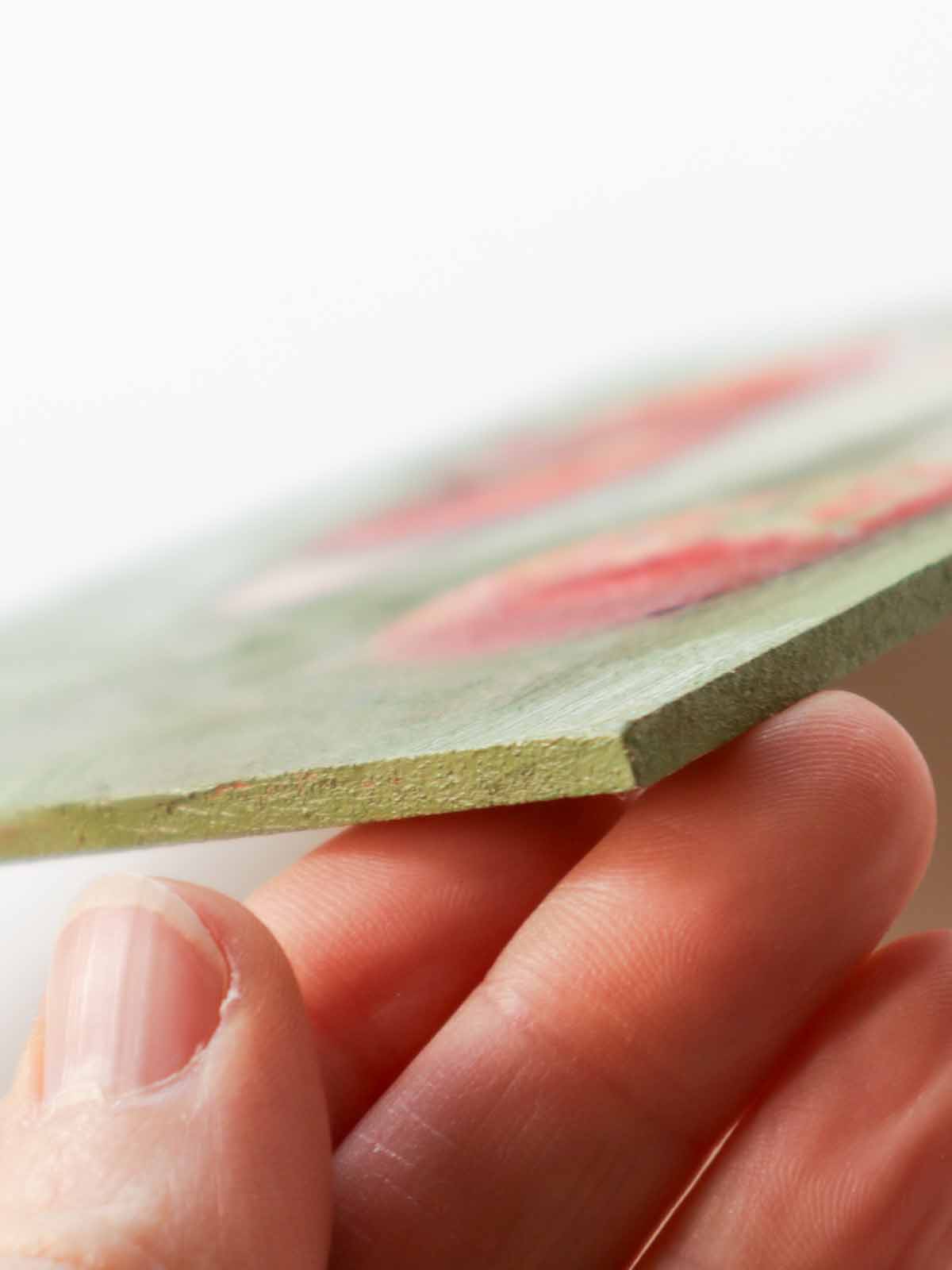 Tomato painting profile view showing board thickness.