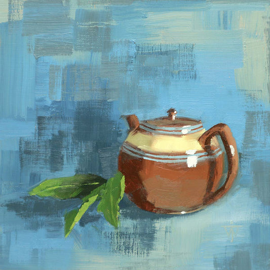 Vintage bown teapot oil painting on blue background