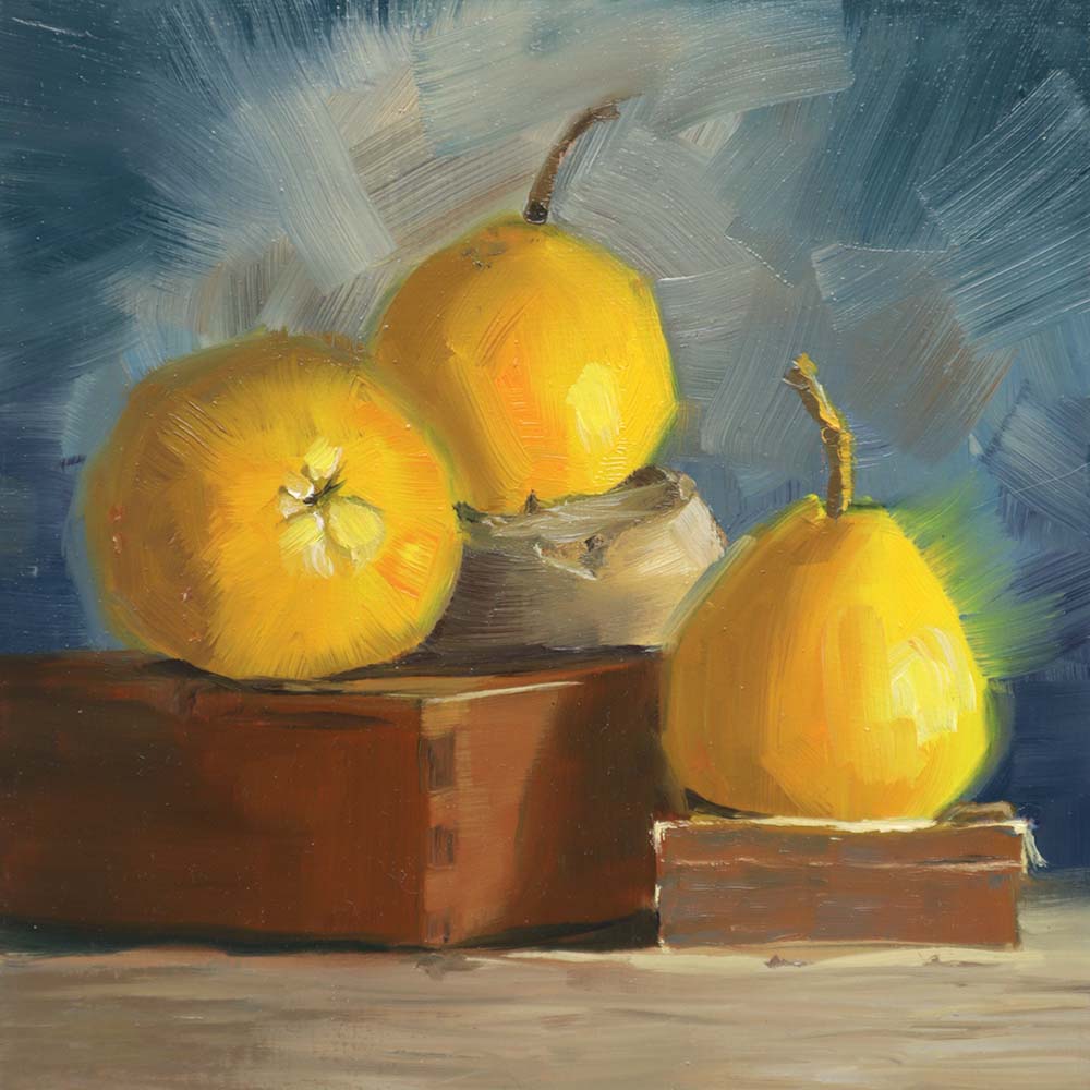 Original oil painting of yellow pears on vintage brown boxes with grey blue background