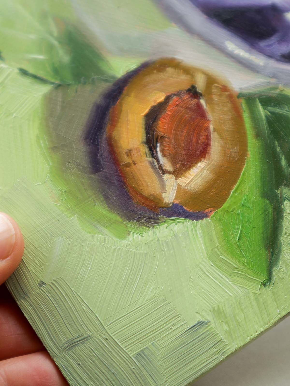 Purple plums fruit still life oil painting detail.