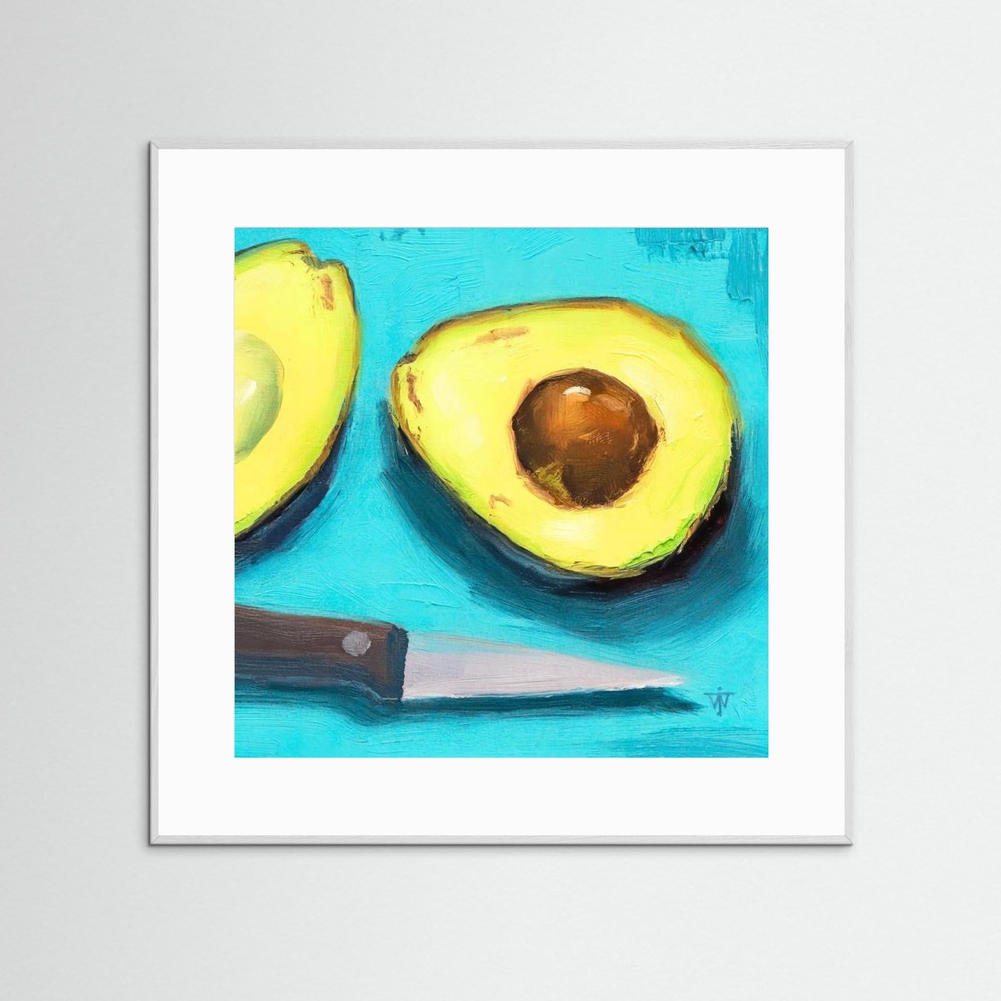Green Avocados on Turquoise Background Oil Painting Print