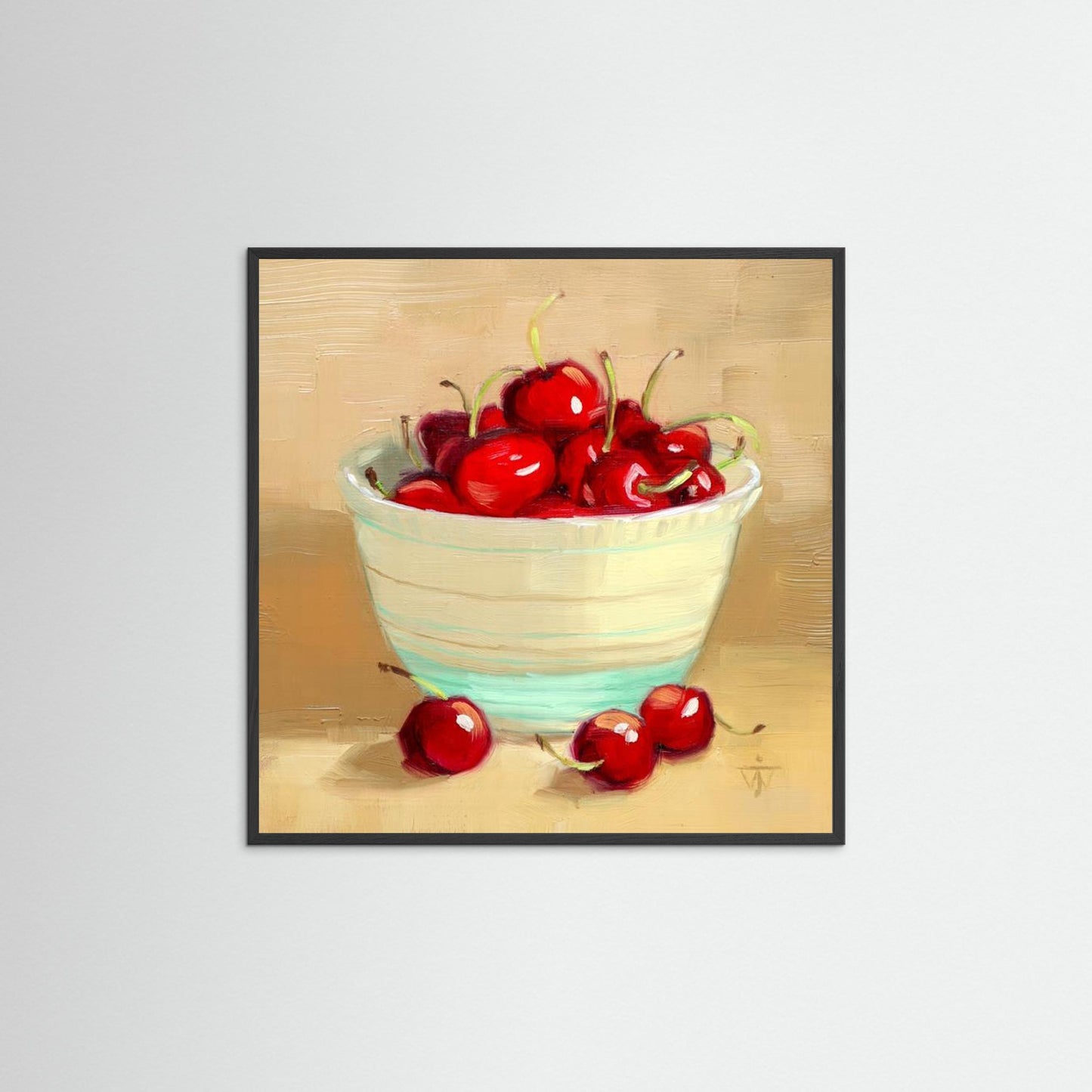 Red Cherries in Vintage bowl on beige background summer kitchen wall art print