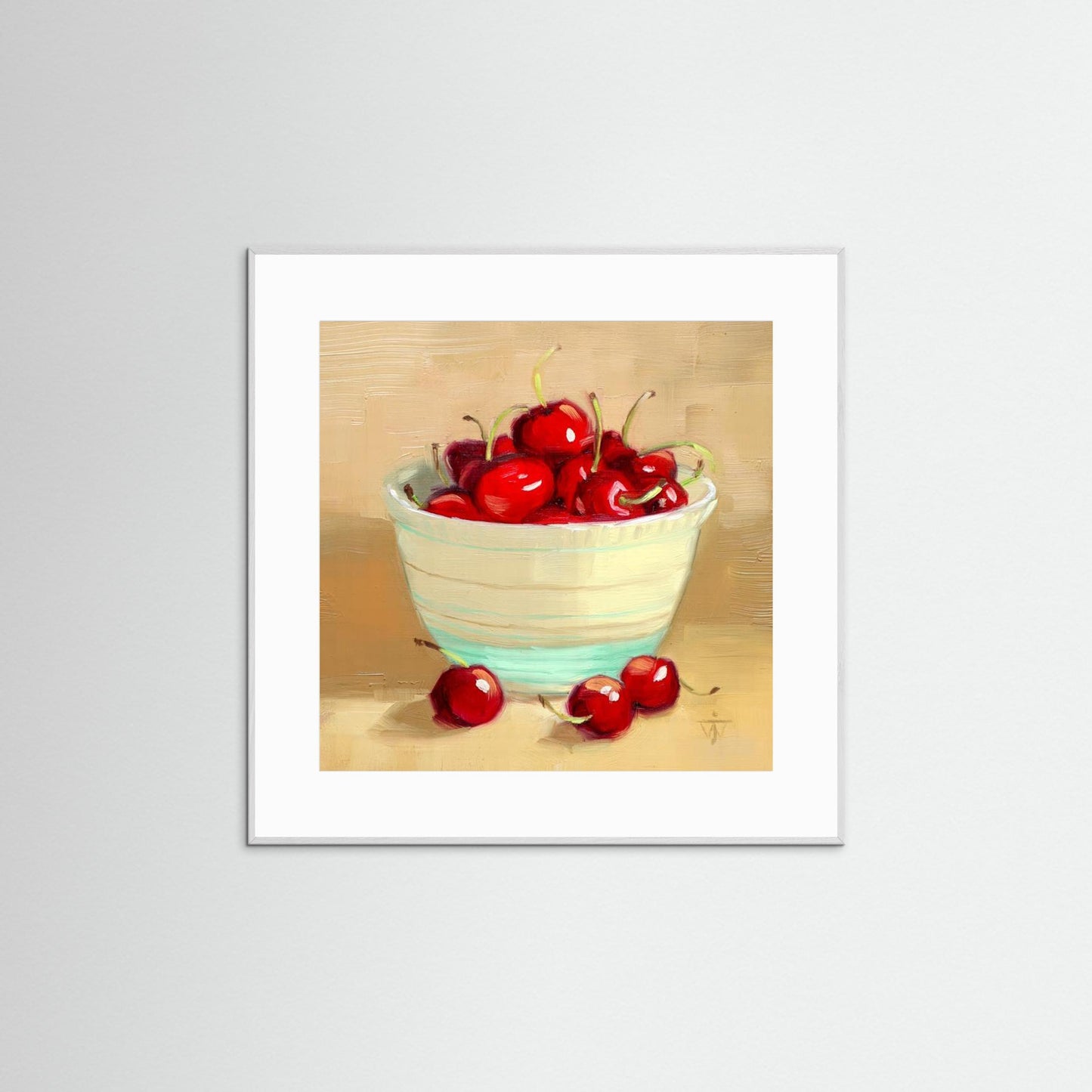 Red Cherries in Vintage bowl on beige background summer kitchen wall art print