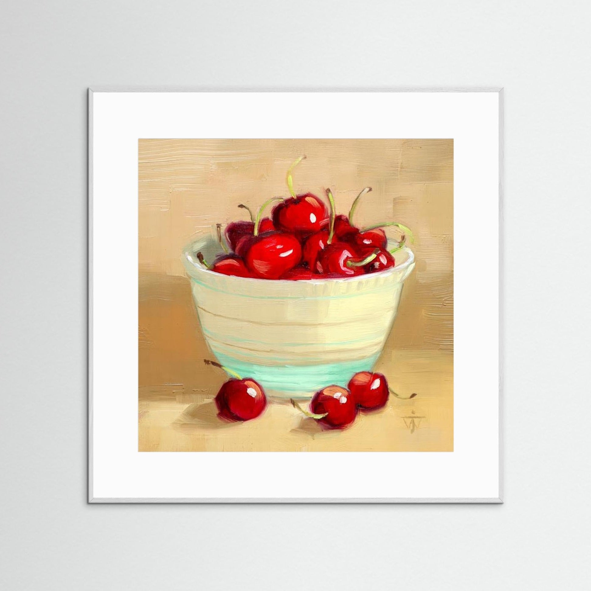 Red Cherries in Vintage bowl on beige background summer kitchen wall art print