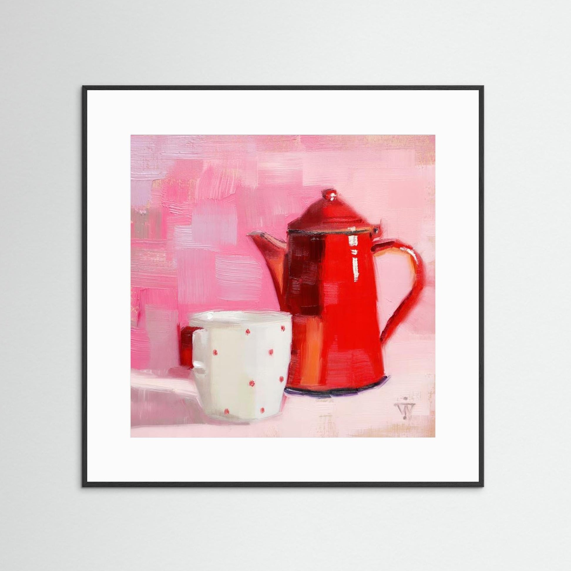 Red Vintage Enamel Coffeepot with white cup with red spots on pink background 