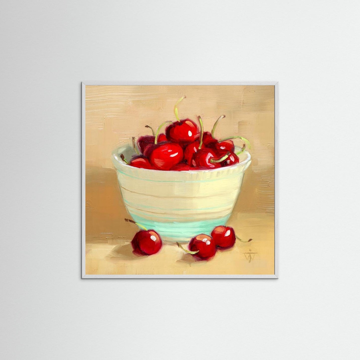 Red Cherries in Vintage bowl on beige background summer kitchen wall art print