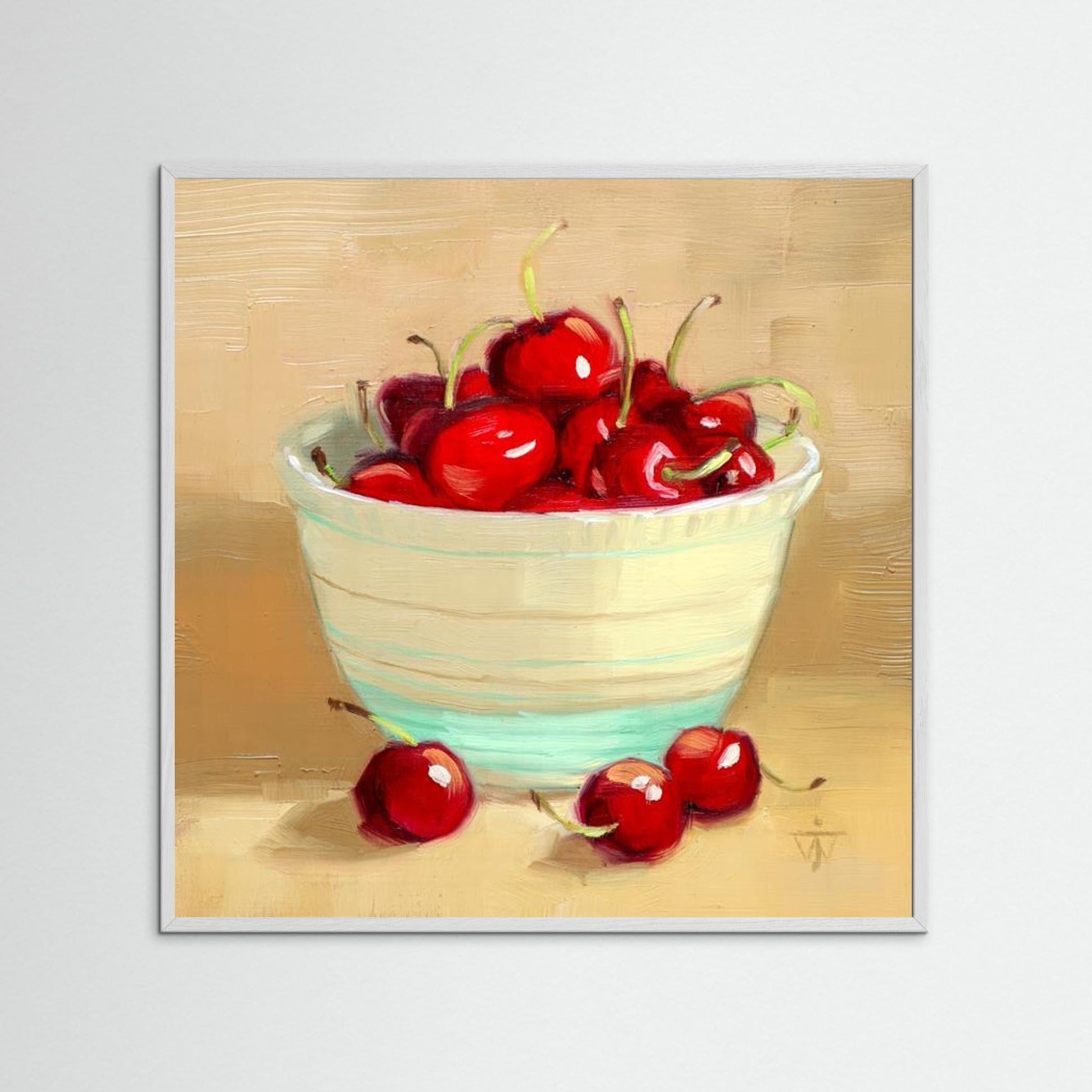 Red Cherries in Vintage bowl on beige background summer kitchen wall art print