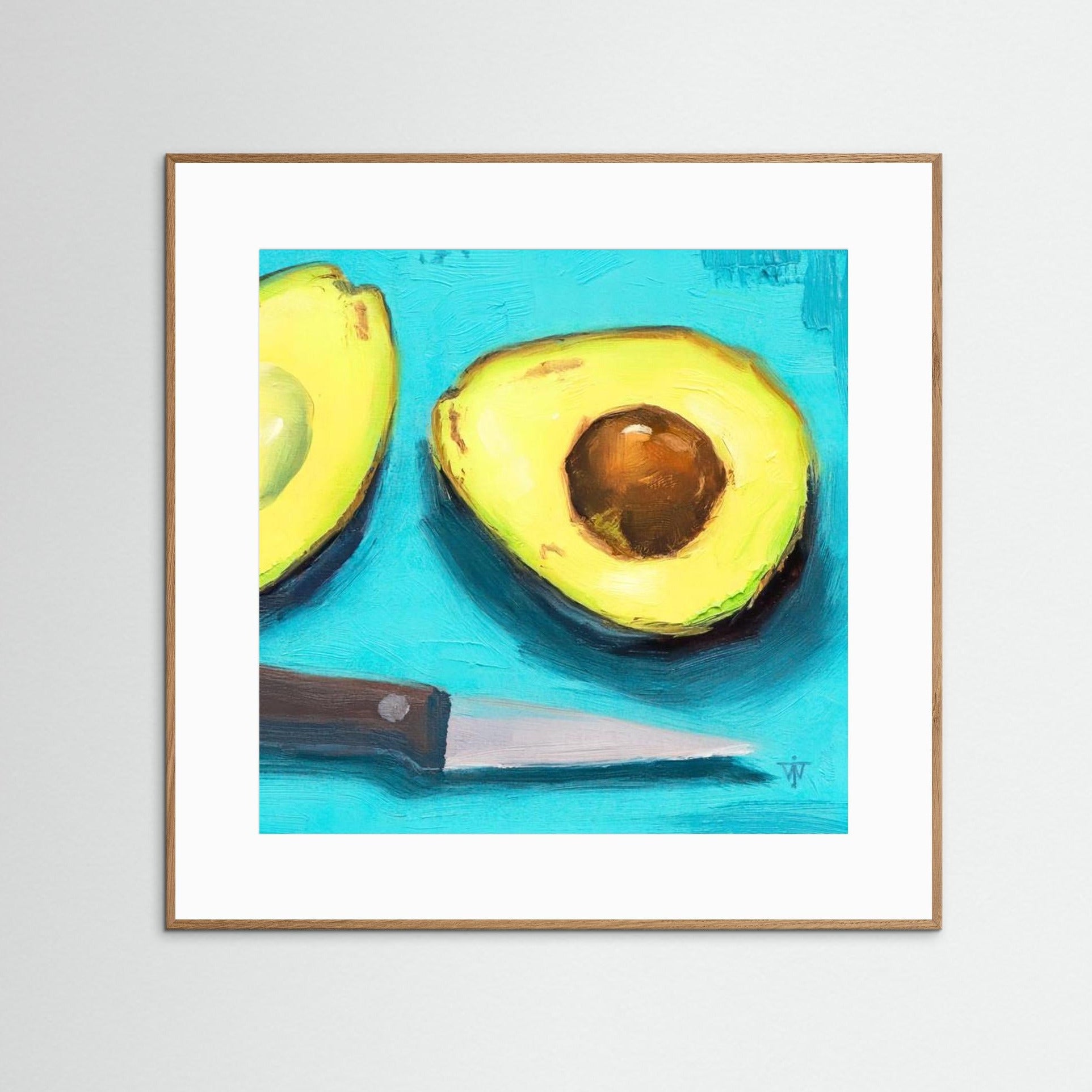 Green Avocados on Turquoise Background Oil Painting Print