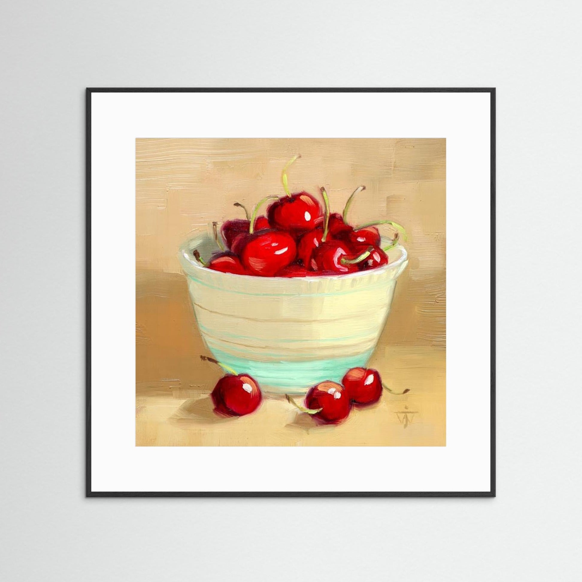 Red Cherries in Vintage bowl on beige background summer kitchen wall art print