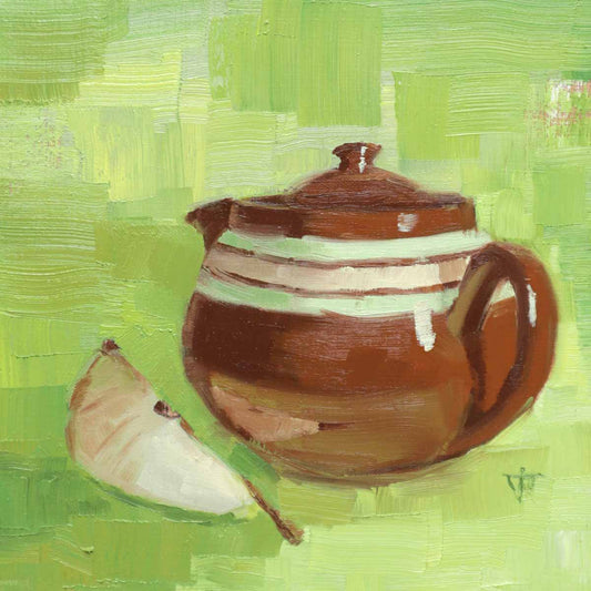 Vintage brown teapot oil painting on green background