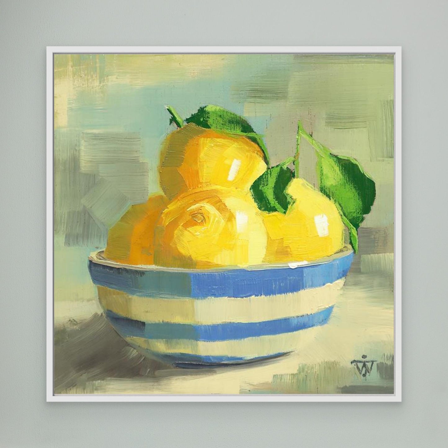Framed artwork of lemons in a blue and white bowl on a gray background