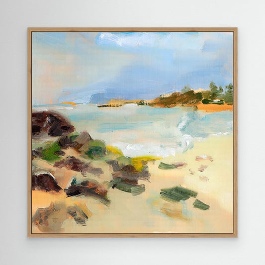 Coastal Walk oil painting canvas print, beach scene with rocks and sandy shoreline in oak floater frame