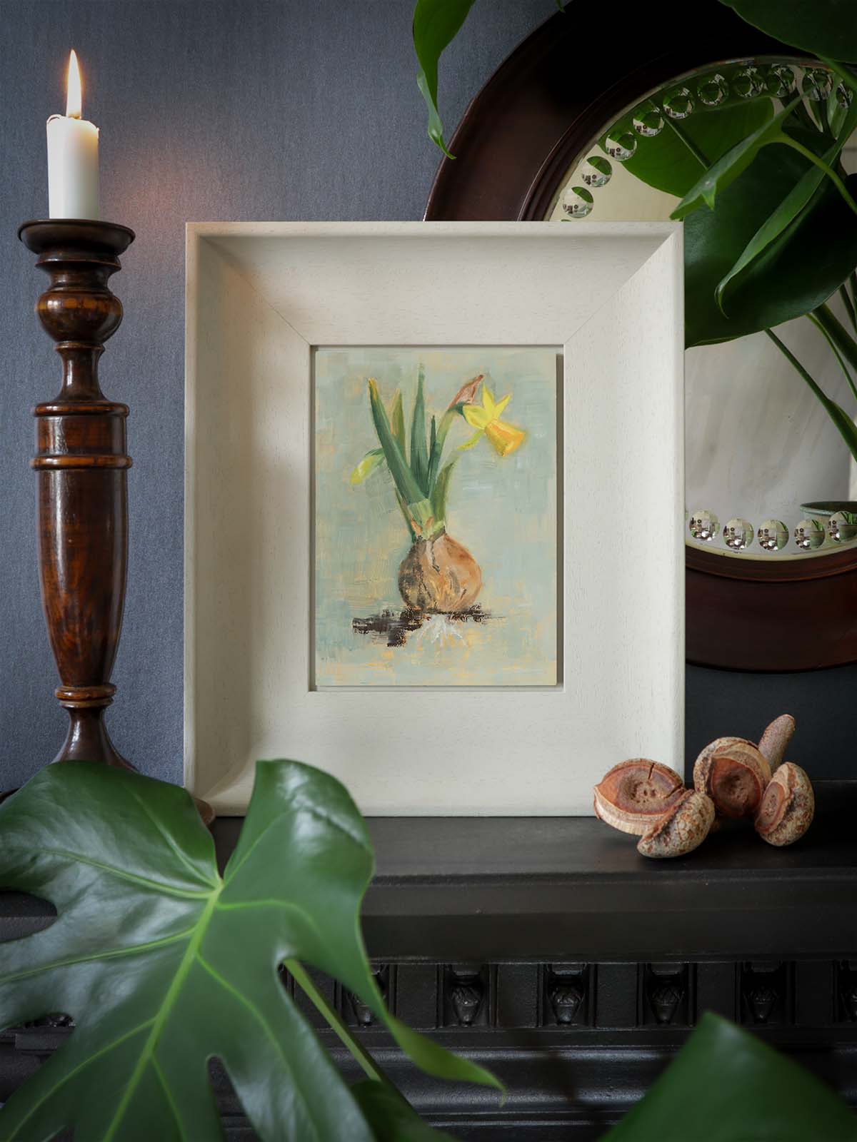 Yellow daffodil with bulb on grey background, small oil painting for living room.