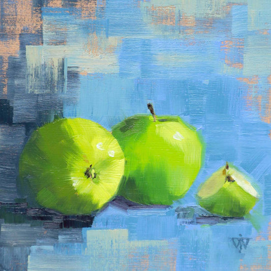 Green apples oil painting on blue background