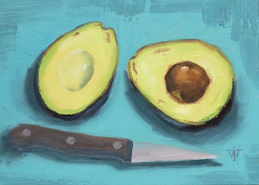 Green avocados on a turquoise blue background, small oil painting for kitchen walls.