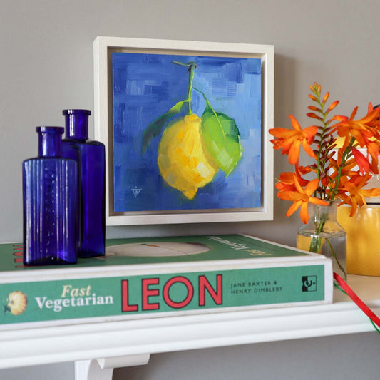 Still Life Painting | Yellow Lemon on Blue | Framed