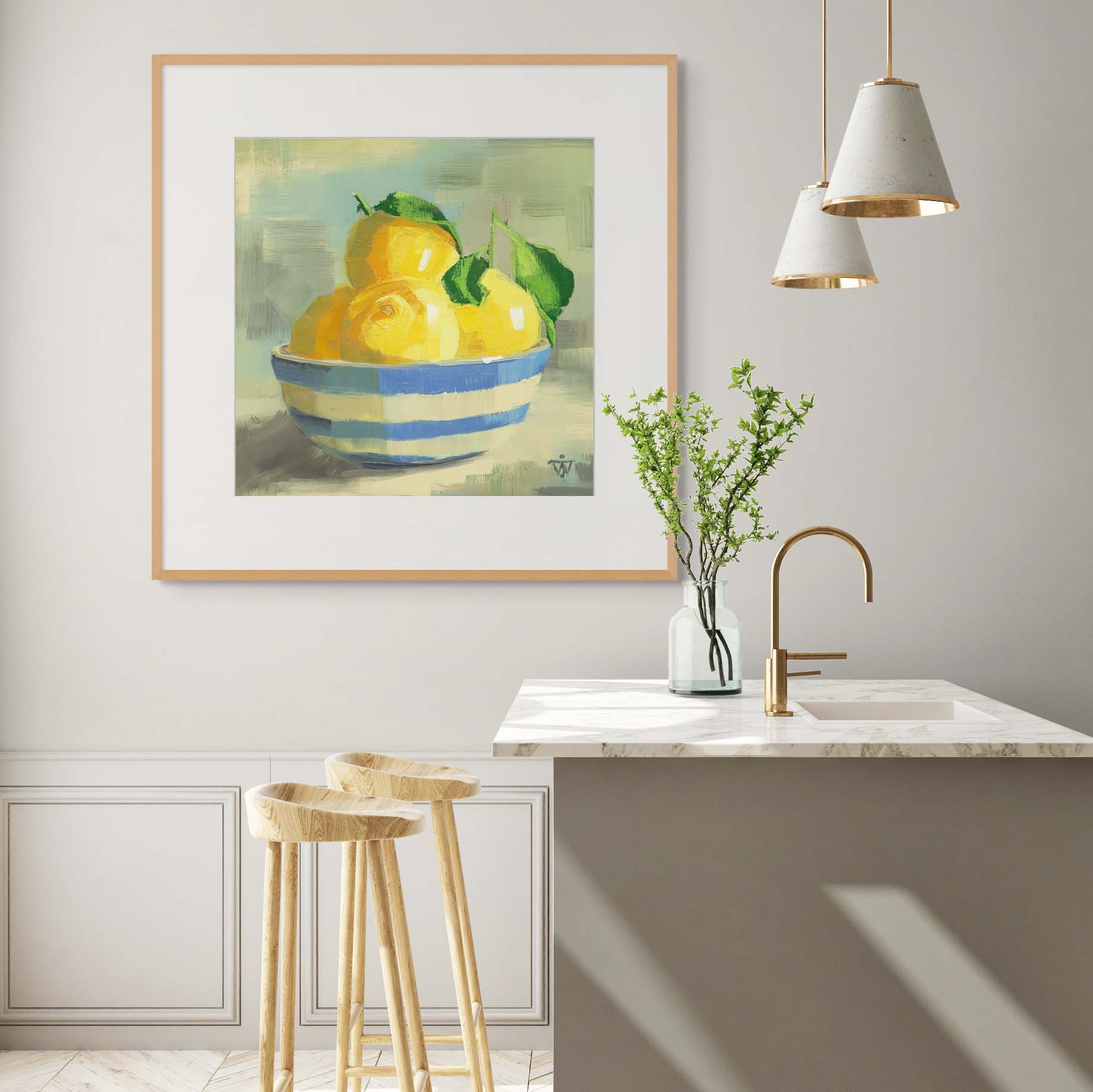 Modern kitchen with a painting of yellow lemons in a bowl on the wall, light wood stools on kitchen island