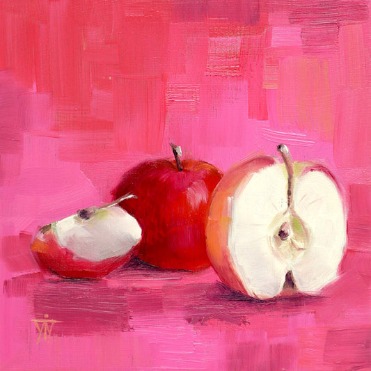 Red apples oil painting on pink background