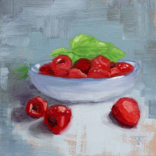 Oil painting of bright red raspberries with green leaves in small bowl on grey-blue background.