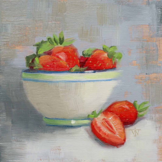 Original oil painting of red strawberries in white striped bowl on blue-grey background