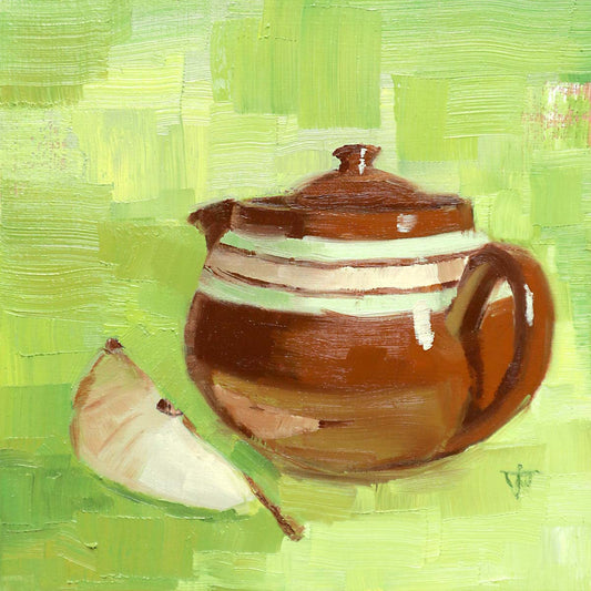 Still Life Painting | Vintage Brown Teapot With Stripes | Framed