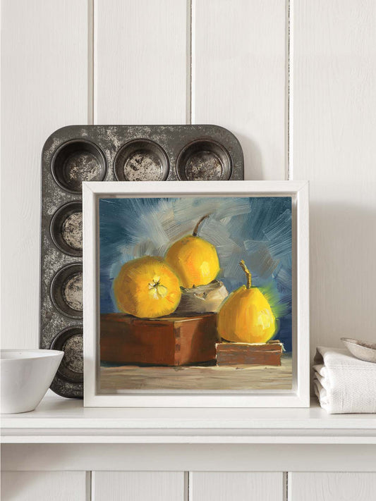Yellow pears oil painting displayed on white kitchen shelf showing scale and placement