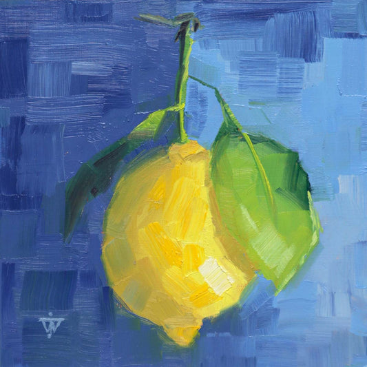 Yellow lemon with leaves oil painting on blue background