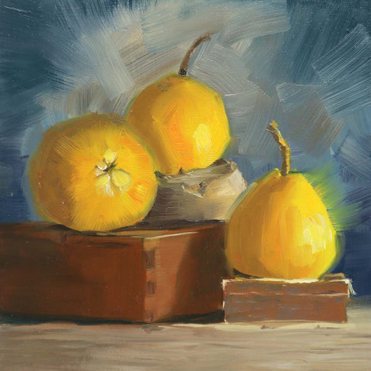 Original oil painting of yellow pears on vintage brown boxes with grey blue background