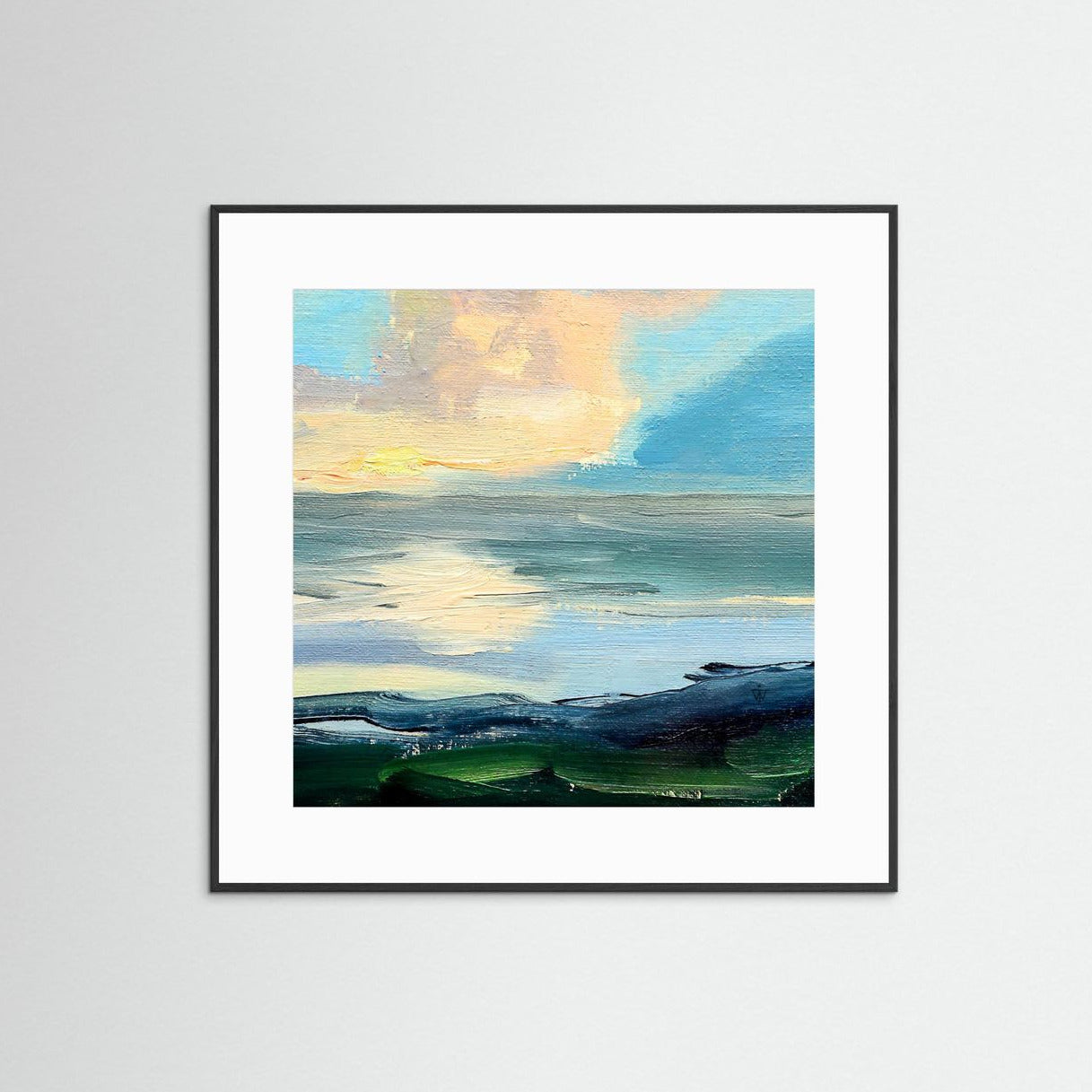 Framed artwork of a landscape with clouds over water painted with loose brush strokes, displayed on a white wall