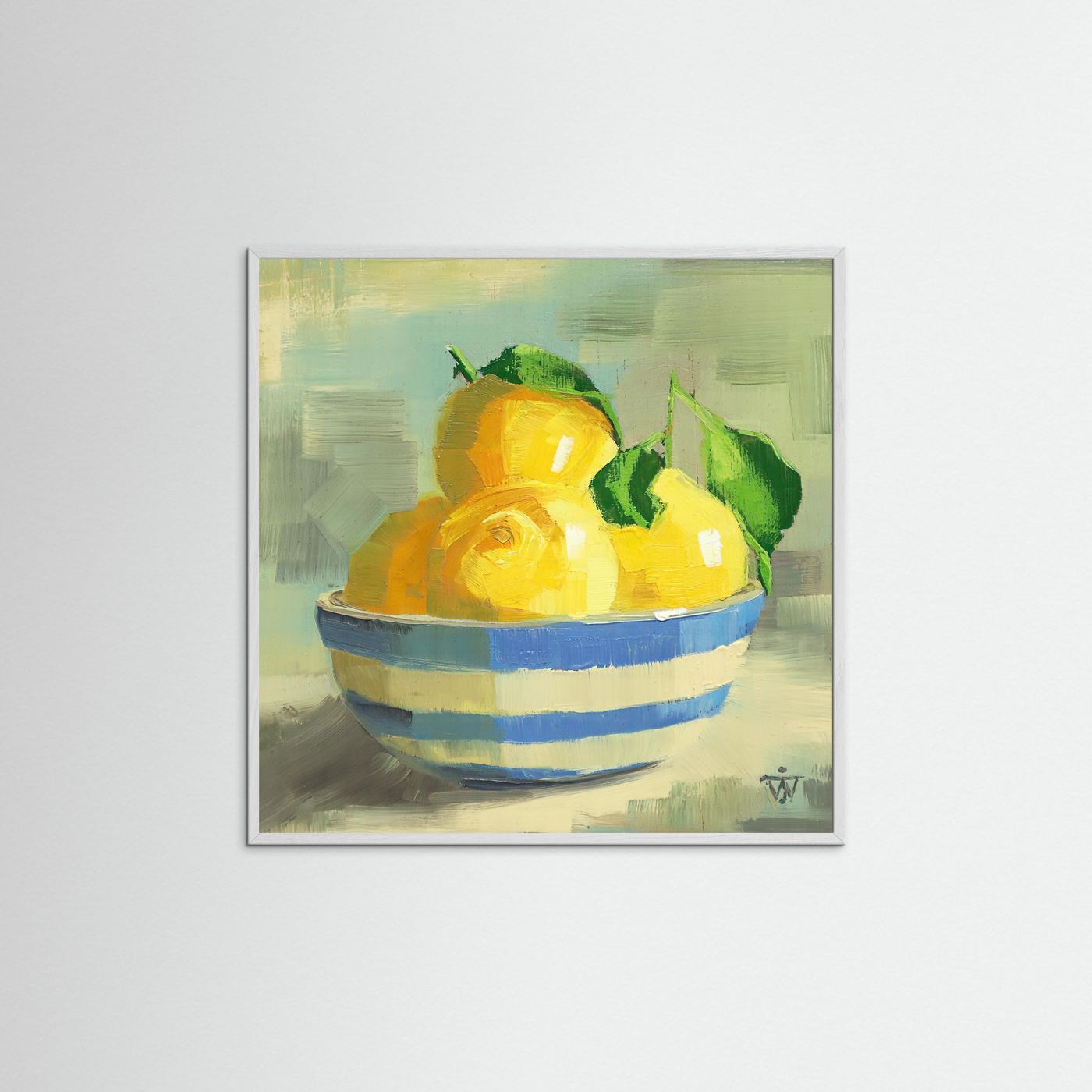 Framed artwork of lemons in a striped cornishware bowl on a white background