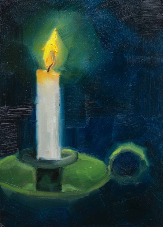 Oil painting of candle in vintage green enamel holder on dark blue background.