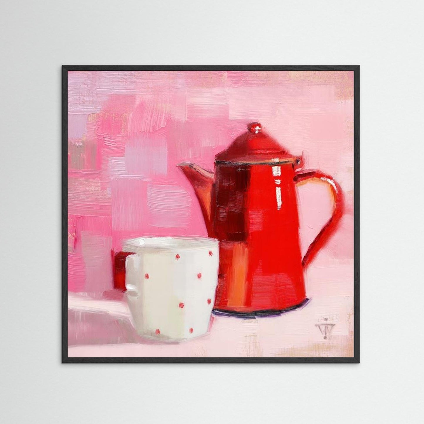 Red Vintage Enamel Coffeepot with white cup with red spots on pink background 