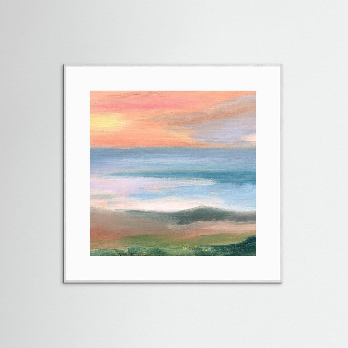 Soft morning seascape in oils reproduced as quality art print with white mat and white frame