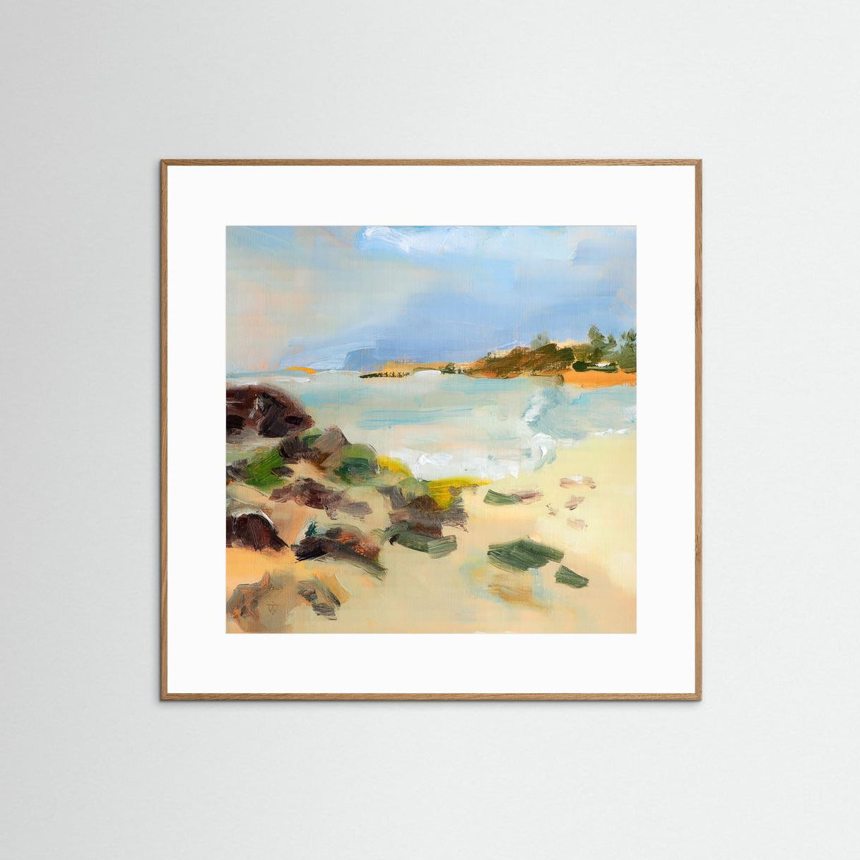 Sun-warmed beach and crashing waves — coastal oil painting fine art print, framed with mat on white wall