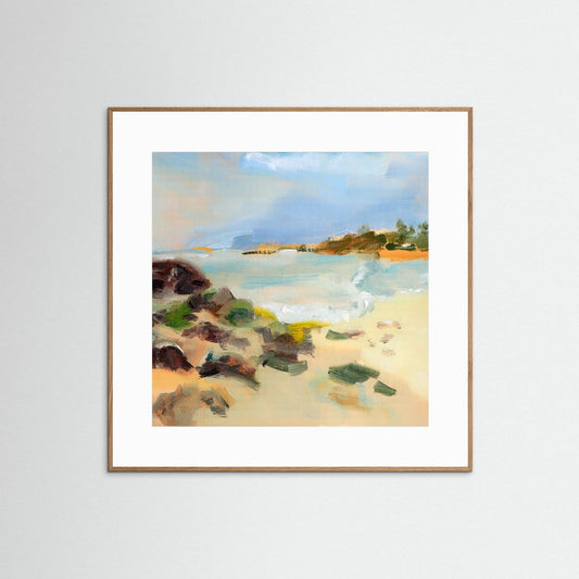 Sun-warmed beach and crashing waves — coastal oil painting fine art print, framed with mat on white wall