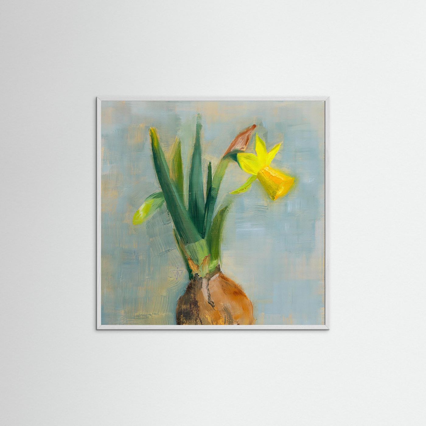 Framed painting of a yellow flower with bulb on a light gray background