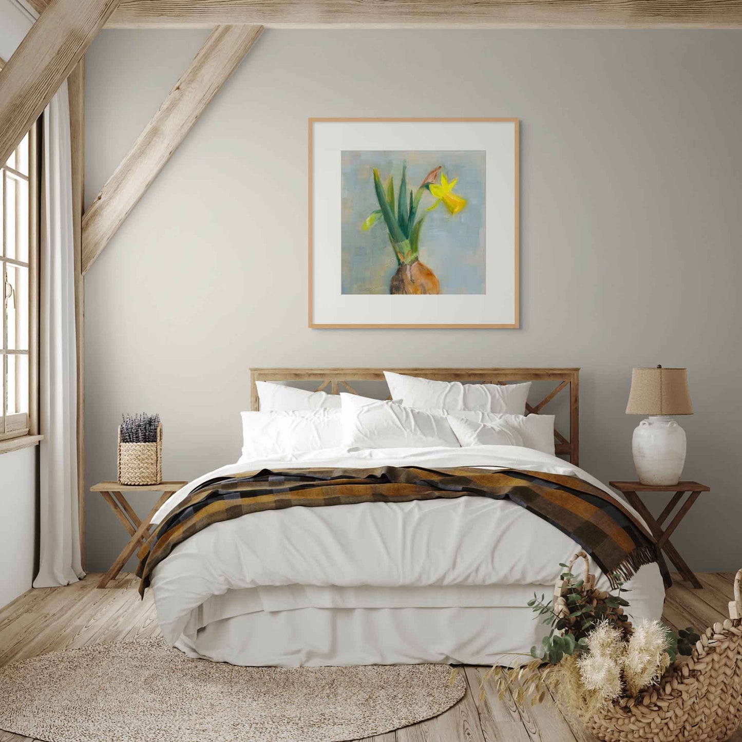 Painting of daffodil flowers with bulb in bedroom with wooden bed and white bedding.