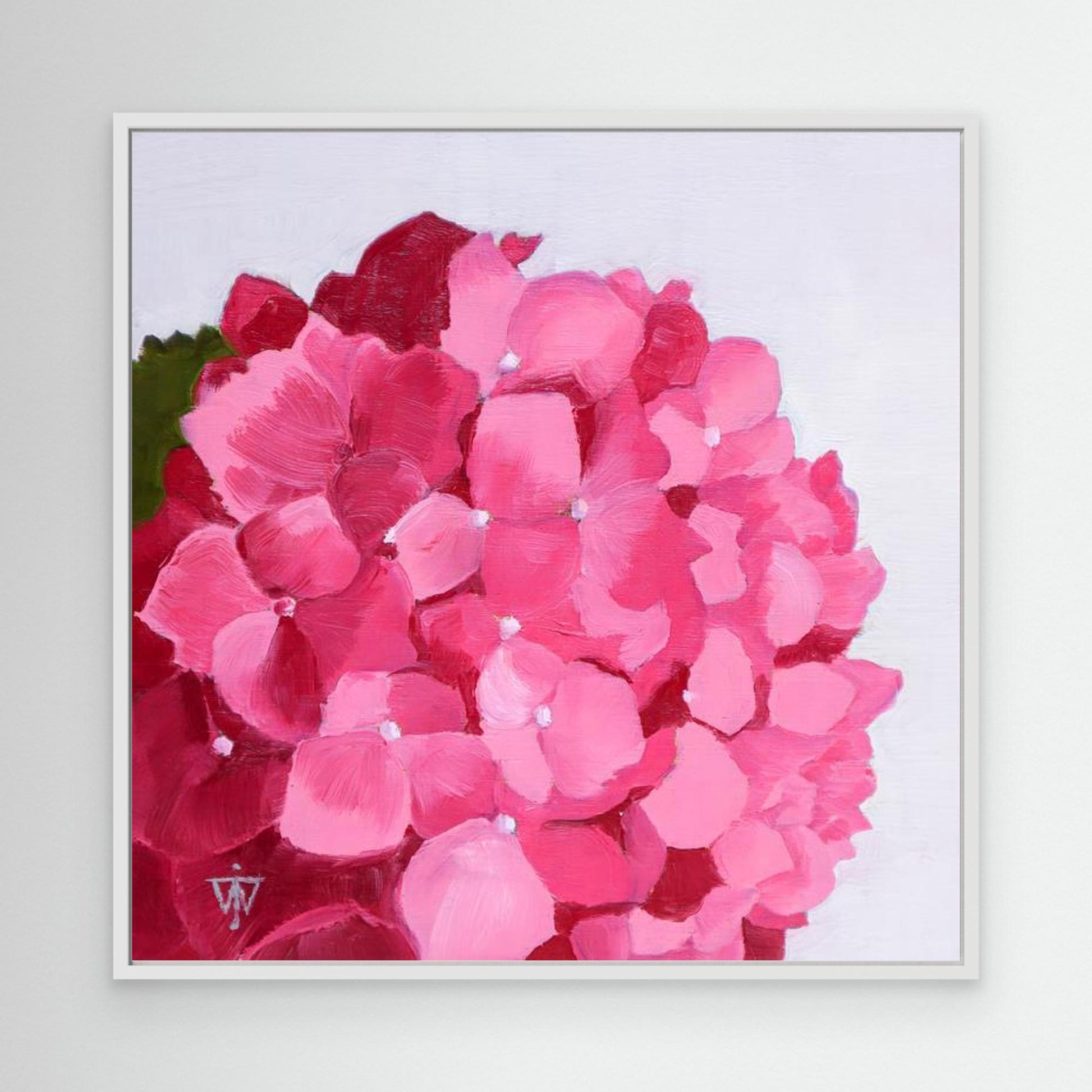 Hand painted oil painting canvas print of pink hydrangea petals in white modern frame