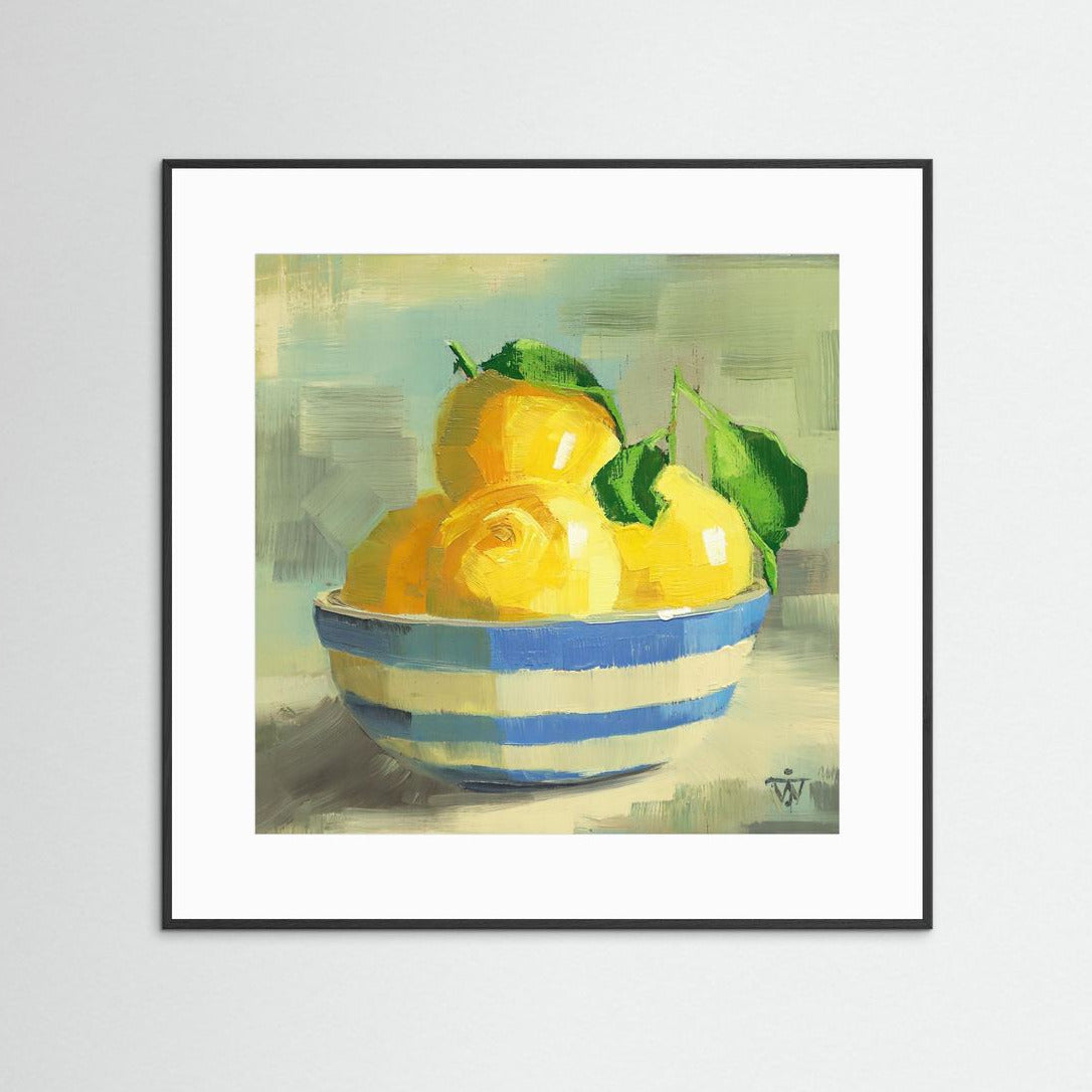 Framed painting of a bowl with lemons with white mat and black frames on white wall