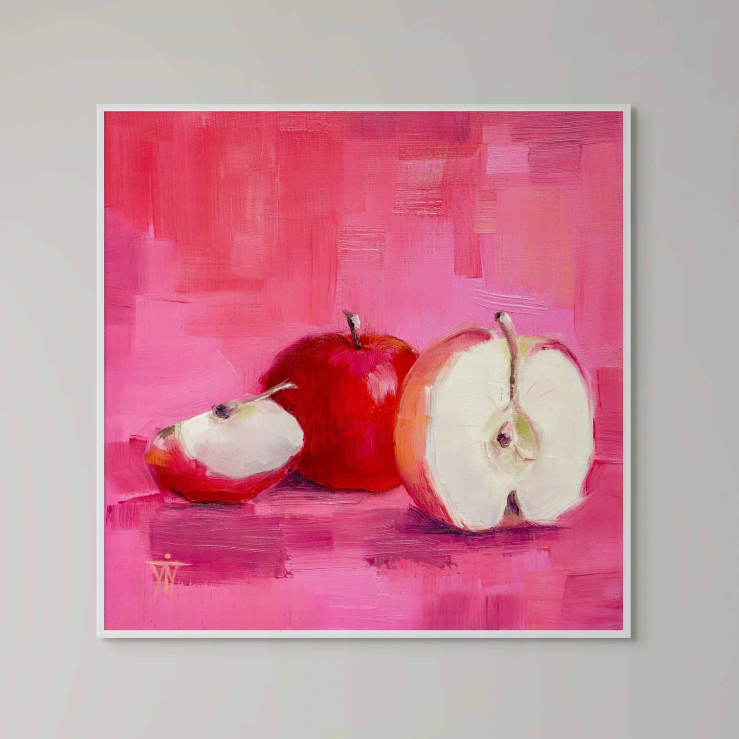 Framed painting of apples on a pink abstract background