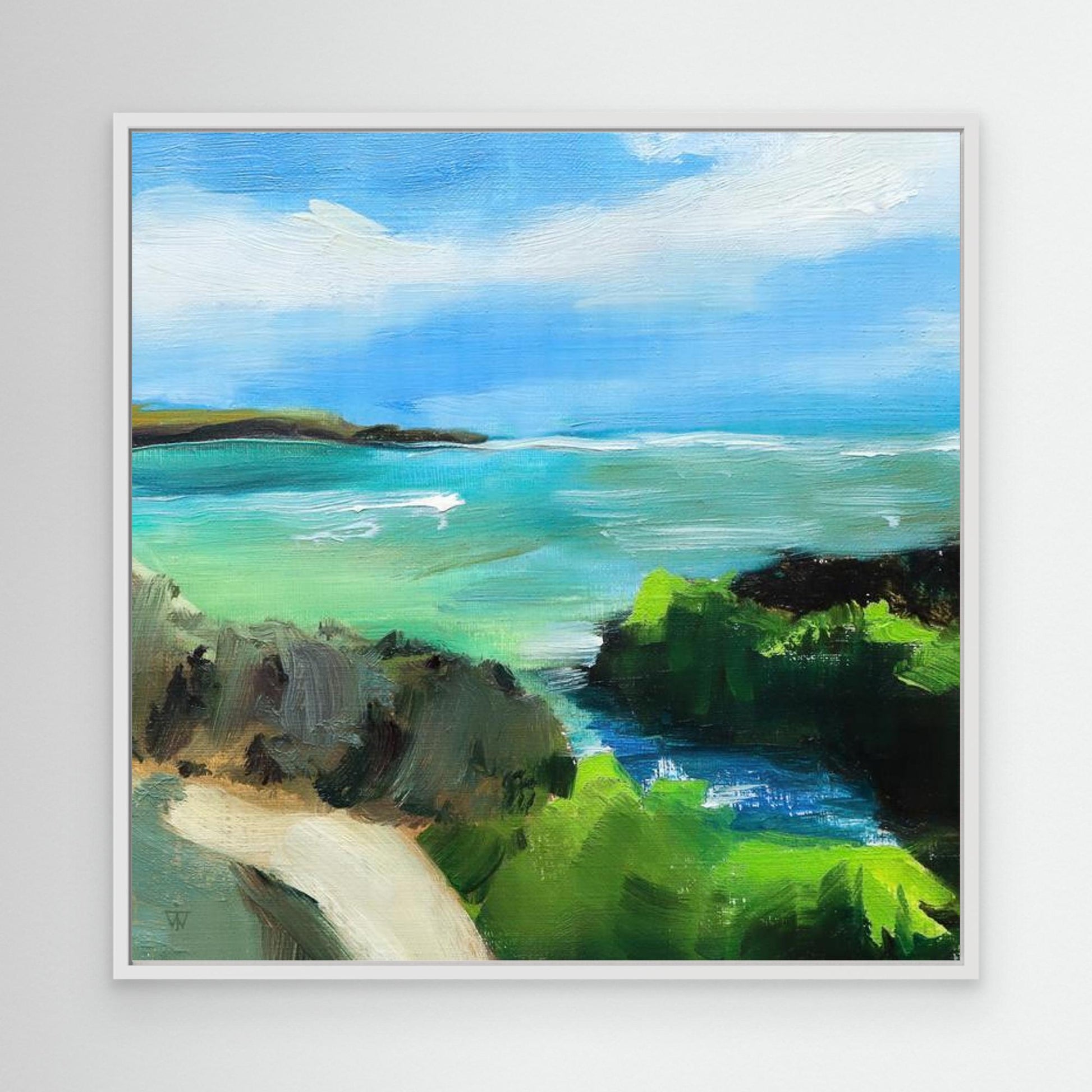 Salt Air gallery wrapped canvas art of seascape in white tray frame by Jacqueline Wagner