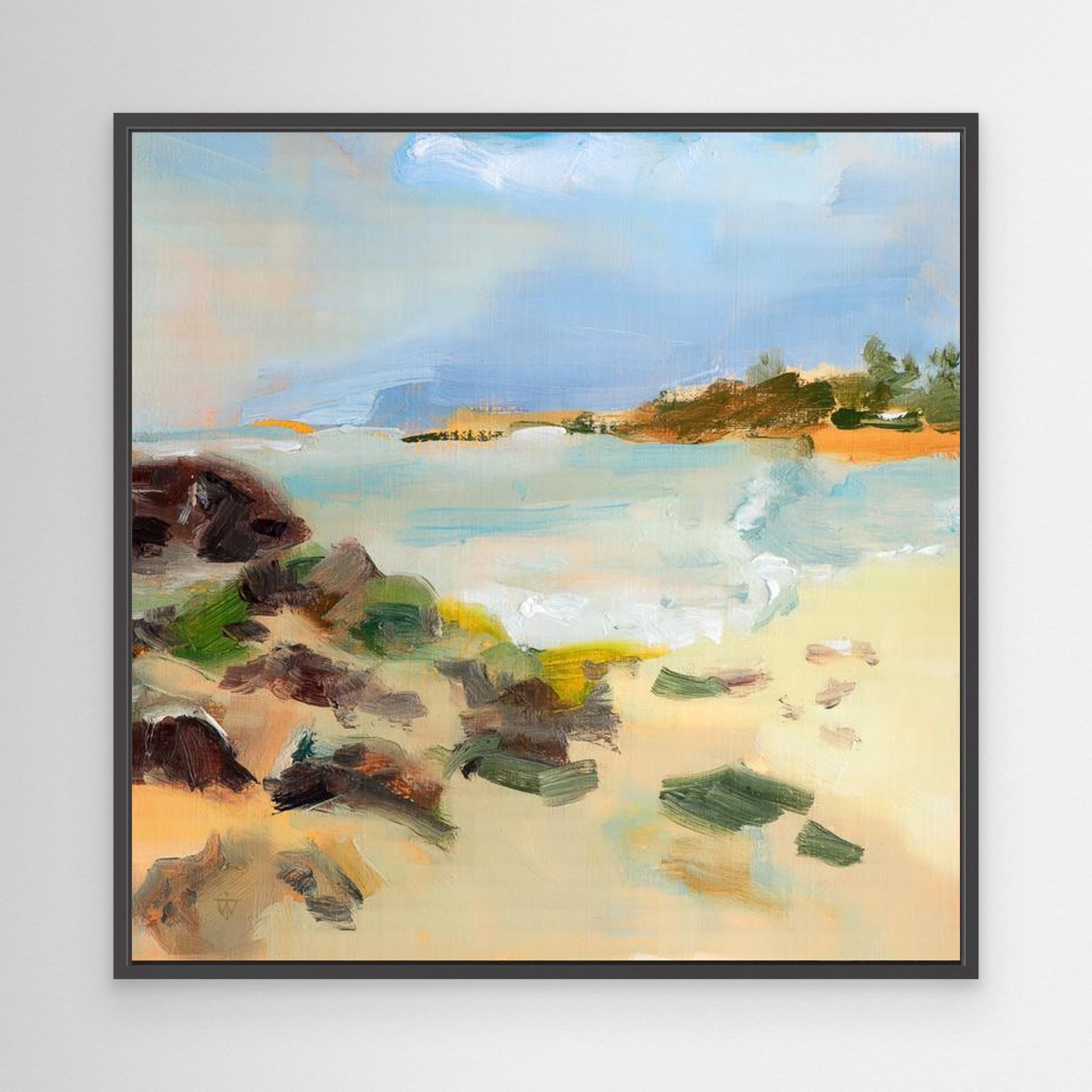 Square canvas print of hand-painted oil painting of coastal beach with loose brushstrokes in black floater frame.