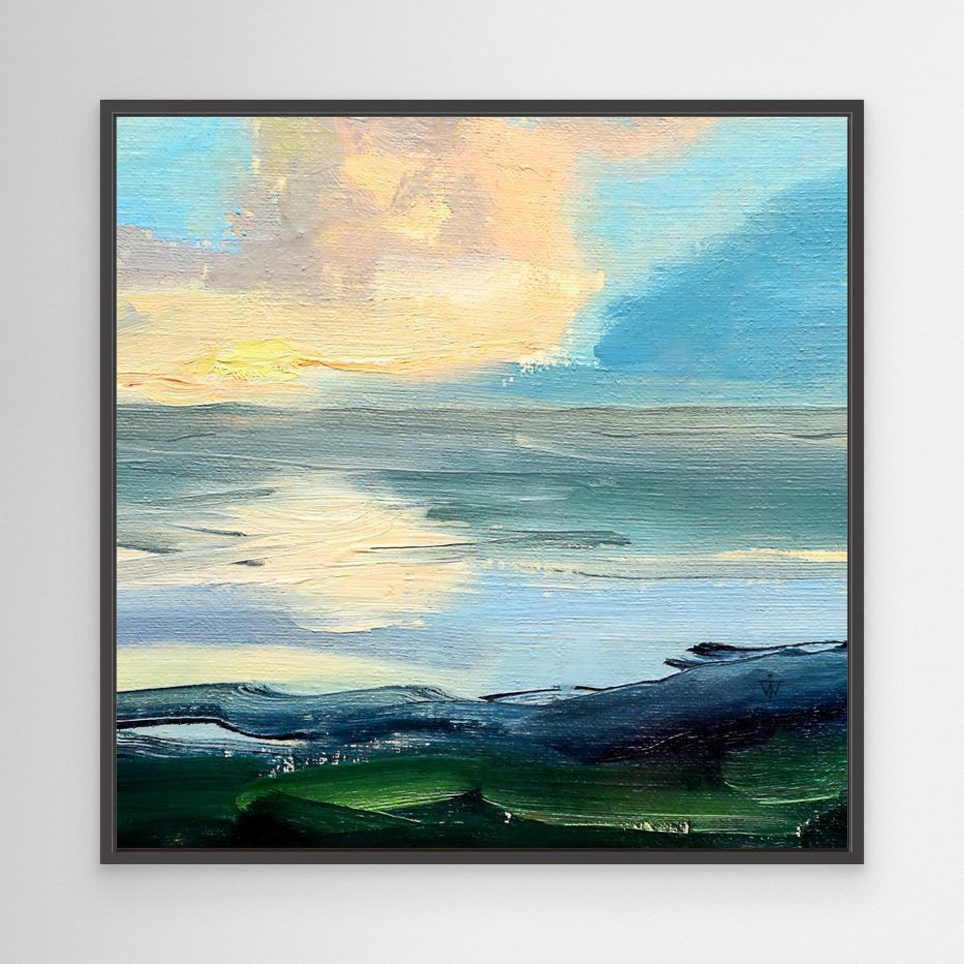 Square canvas print of abstract seascape with clouds above the Sea in a black modern frame